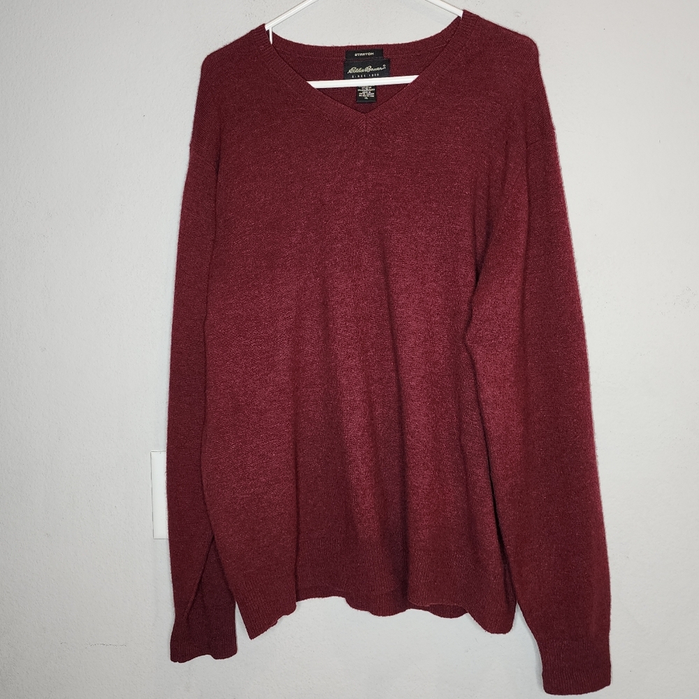 Eddie Bauer Lambs Wool Blend Maroon Burgundy V-Neck Knit Sweater Men's Size XL